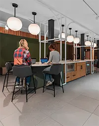 Study spaces with grouped seating, fireplace, mini-fridge, and lounge